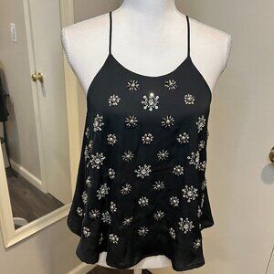 JOA Los Angeles Black Beaded Halter Camisole, Size Medium